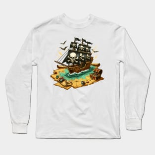 Pirate Ship, Sailing On A Treasure Map Long Sleeve T-Shirt